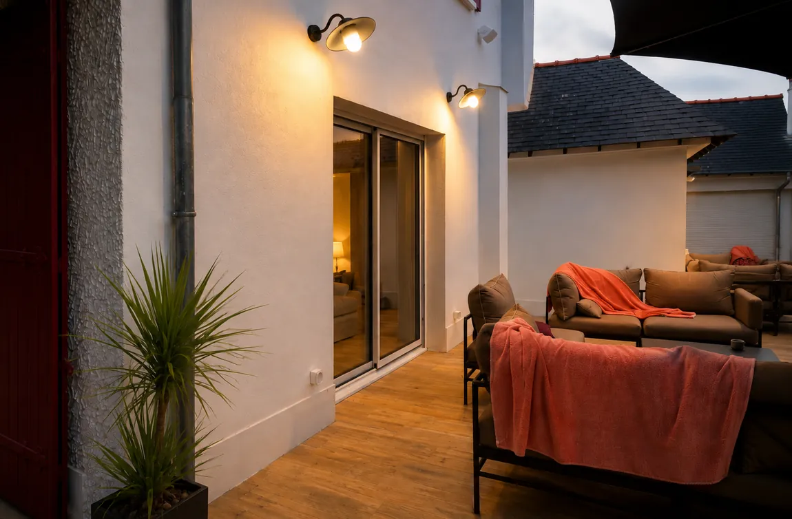 Terrasse en bord de mer au crépuscule, avec éclairage mural chaud de la façade et de l’espace extérieur.